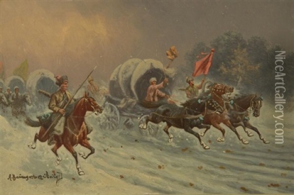 Husaren-karawane In Tief Verschneiter, Russischer Landschaft Oil Painting - Adolf (Constantin) Baumgartner-Stoiloff
