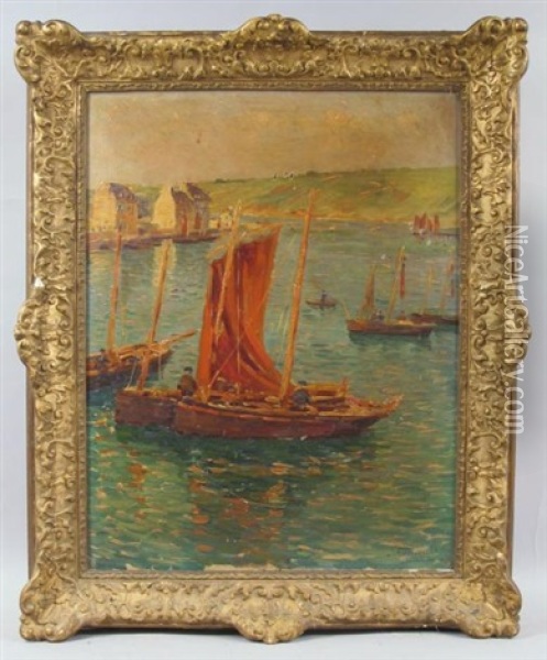 Barque De Peche A La Voile Rouge Oil Painting - Jules Ribeaucourt