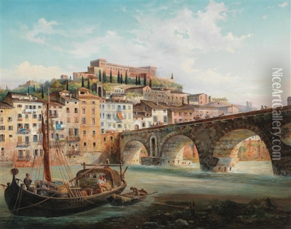 View Of Verona With The River Adige And Ponte Pietra Oil Painting - Natale Gavagnin