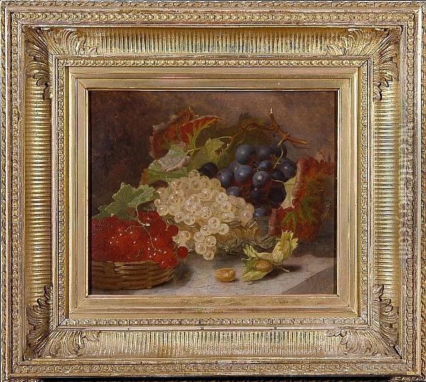 Still Life Of Redcurrants In A 
Basket, White Currants And Grapes In Glass Bowl And Hazelnuts, All On A 
Marble Ledge Oil Painting - Eloise Harriet Stannard