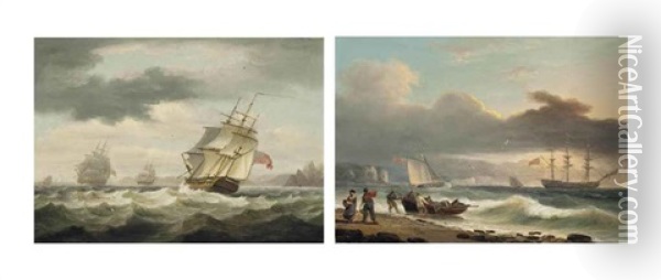British Warships Off The Entrance To Salcombe Harbour And A British Warship Lying At Anchor In A Stiff Onshore Breeze With Figures...(a Pair) Oil Painting - Thomas Luny
