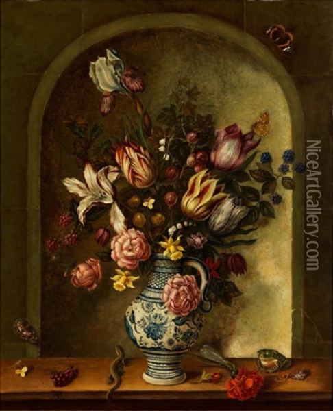 Blumenstillleben In Gemalter Mauernische Oil Painting - Johannes Baers