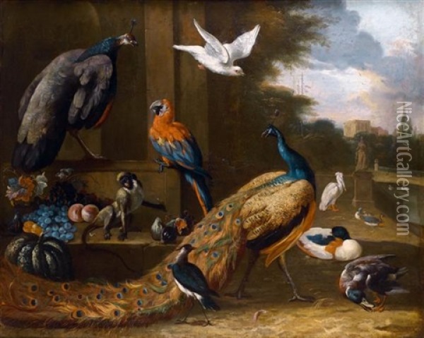 Oiseaux D'ornement : Paons, Perroquets, Pelican Et Singe Dans Le Parc D'un Palais Classique Oil Painting - Melchior de Hondecoeter