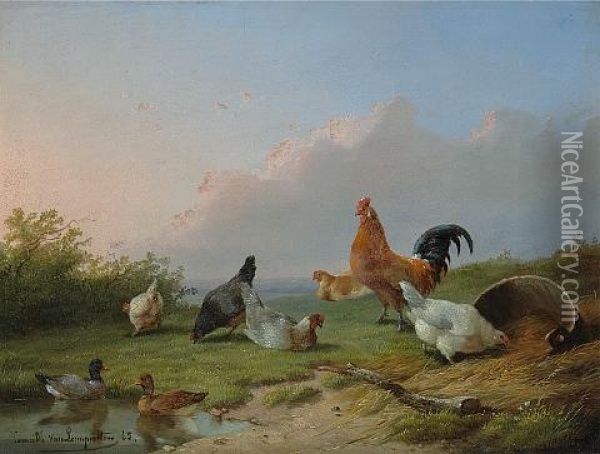 Chickens And Ducks In A Landscape (+ Another; Pair) Oil Painting - Cornelis van Leemputten