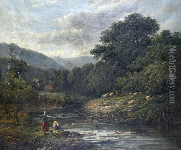 A River Landscape With Figures Fishing On The River Bank And Sheep And Cattle Grazing Oil Painting - Robert Bridgehouse