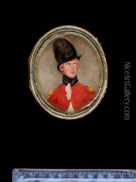 An Officer, Wearing Red Coatee With Blue And Gold Collar And Epaulettes, White Waistcoat, Frilled Chemise And Tied Black Stock, Tall Black Hat Decorated With Black, Red And White Plumes Oil Painting - Samuel Andrews