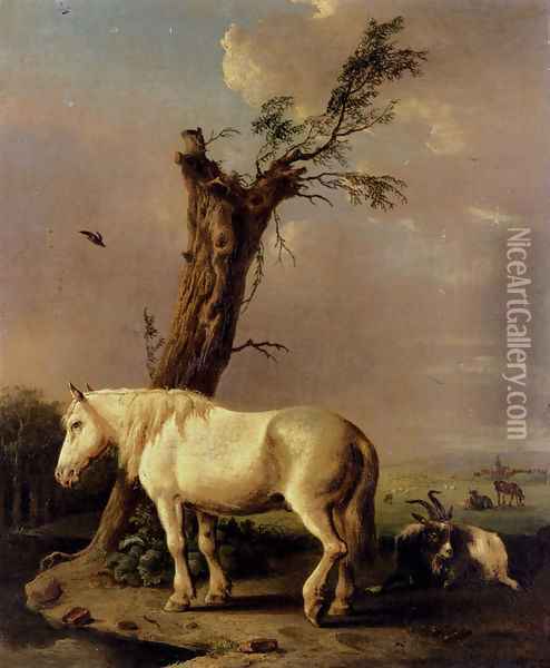 A Pony, Goat And Resting Cattle In A Landscape Oil Painting - Jan Kobell