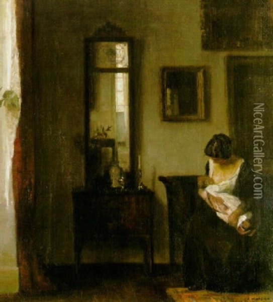 Interior Med Mor Och Barn Oil Painting - Carl Vilhelm Holsoe