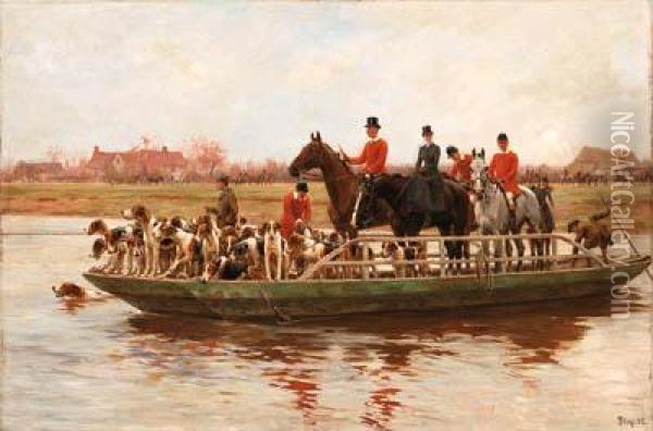 The York And Ainsty Hounds On The Ferry At Newby Oil Painting - Thomas Blinks