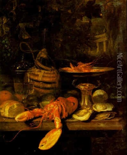 Still Life Of A Lobster, Prawns On A Tazza, Oysters And A Flagon Of Wine, All On A Stone Ledge, An Ornamental Garden Beyond Oil Painting - Barend van der Meer