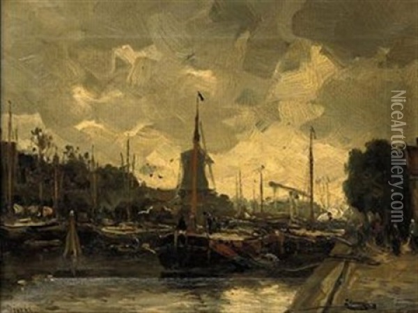 A Busy Harbor Oil Painting - Antonius Bernardus Dirckx