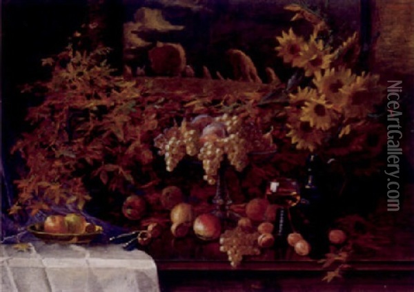 Herbstlisches Stilleben Mit Obstschale, Gefulltem Romer, Laub Und Sonnenblumen Oil Painting - Georg Valka