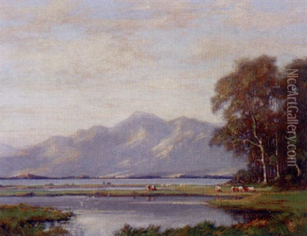 Cattle By A Still Lake, Mountains Beyond Oil Painting - Augustus William Enness