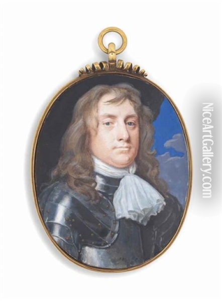 A Gentleman, Traditionally Called George Monck, 1st Duke Of Albemarle (1608-1670), In Gilt-studded Metal Armour, White Jabot, Long Fair Hair; Cloudy Sky Background Oil Painting - Samuel Cooper