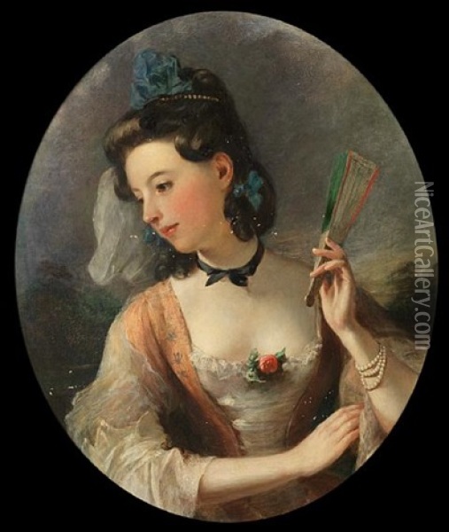Portrait Of A Lady With A White Dress And A Pink Waistcoat, Holding A Fan Oil Painting - Thomas Phillips