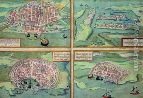 Map of Calais Malta Rhodes and Famagusta from Civitates Orbis Terrarum Oil Painting - Joris Hoefnagel