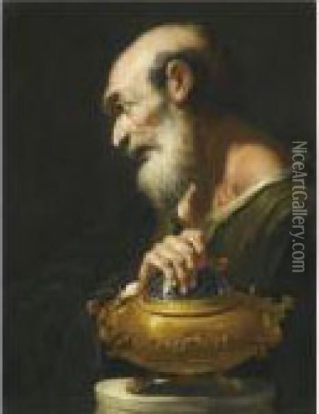 Study Of A Bearded Figure, Half 
Length, Wearing A Black Tunicwith His Hand Over A Brazier, Possibly 
Mucius Scaevola Oil Painting - Francesco Fontebasso