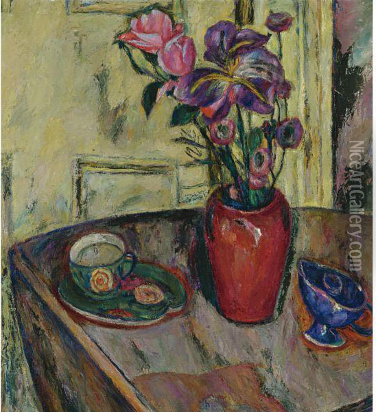 Flowers In A Red Vase Oil Painting - Abraham Manievich
