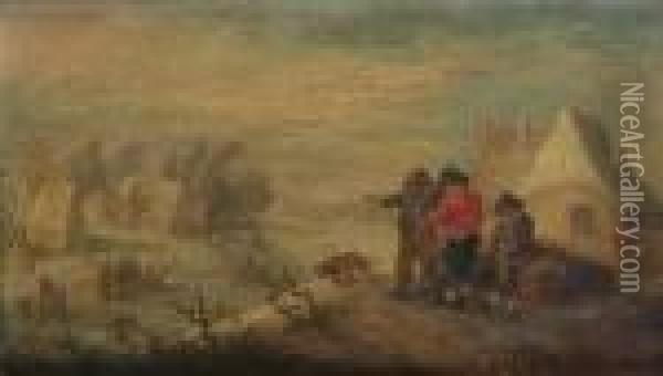 Winter: Peasants Discoursing 
Outside A Cottage With A Frozen River And Village Beyond; And Autumn: 
Peasants Gathering And Treading Grapes Outside A Cottage Oil Painting - Theobald Michau