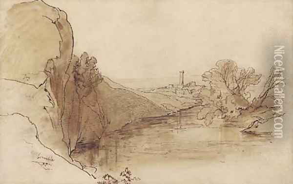 A ruined tower in a river landscape Oil Painting - Edward Lear