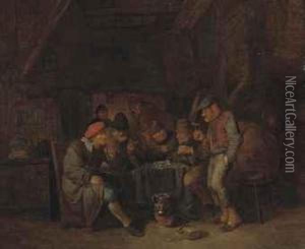 Peasants Smoking And Drinking In An Interior Oil Painting - Maarten Van Heemskerck