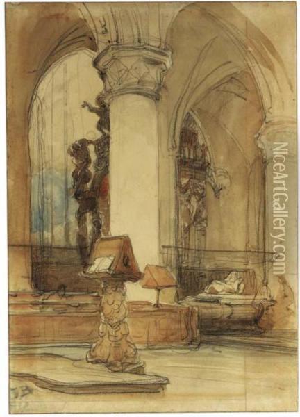 A View In A Church, Said To Be Sainte Gudule, Brussels Oil Painting - Johannes Bosboom