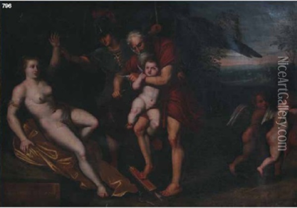 Chronos Ammonisce Eros Alla Presenza Di Afrodite E Marte Oil Painting - Domenico Fiasella
