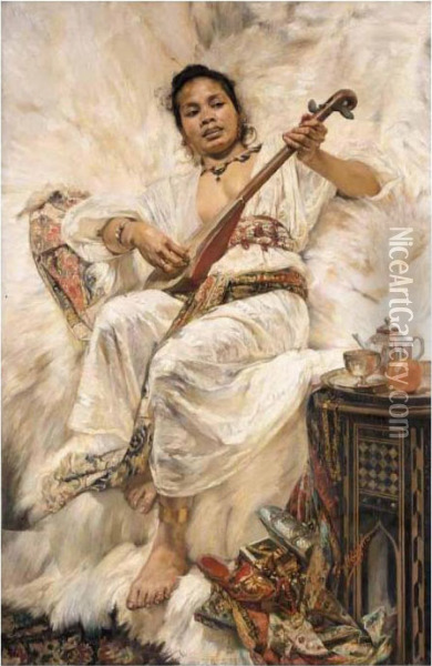 An Oriental Woman Playing The Mandolin Oil Painting - Jean Ubaghs