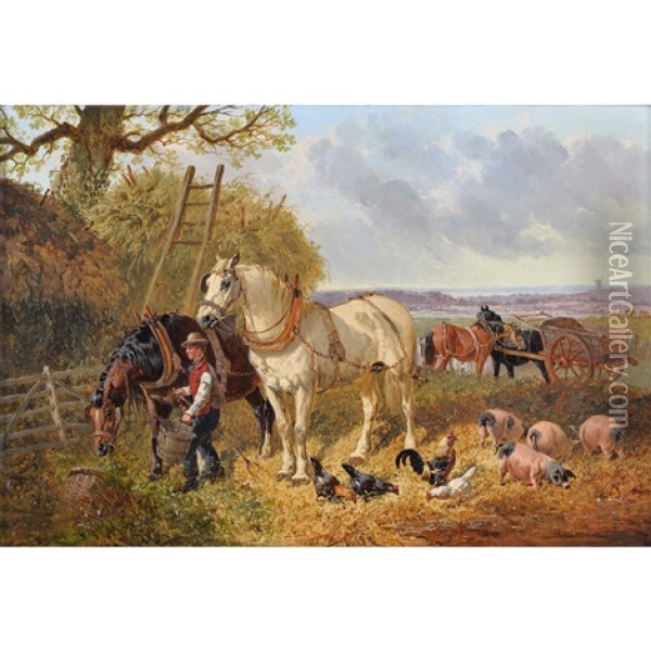 Farmyard In Winter; Farmyard In Summer Oil Painting - John Frederick Herring the Younger
