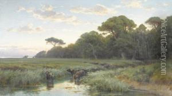 Wasserbuffel In Der Romischen Campagna Oil Painting - Johann Zahnd