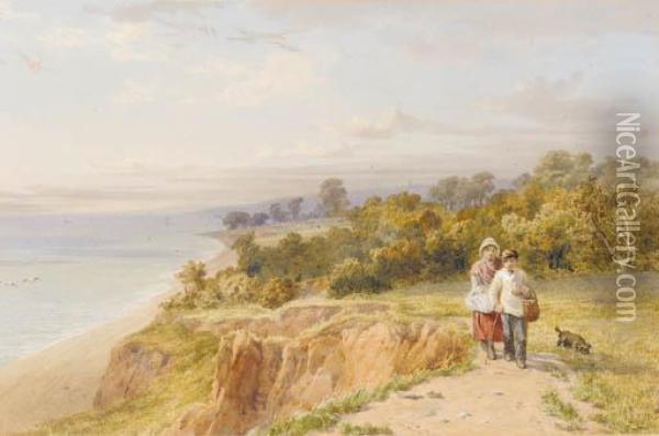 Two Children With A Dog, On A Coastal Path, Devon Oil Painting - John Henry Mole