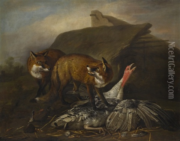 Foxes Attacking A Turkey Oil Painting - Martin Ferdinand Quadal