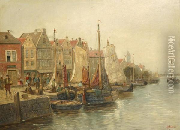 Animated Harbour View Oil Painting - Anton Hubner