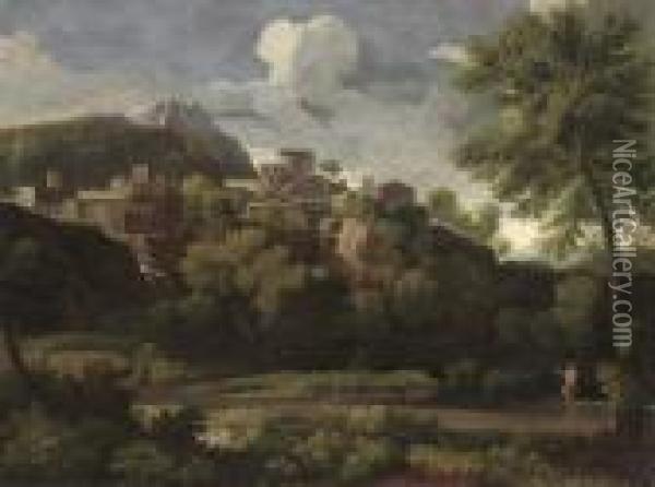 An Italianate Landscape Oil Painting - Gaspard Dughet Poussin