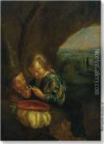 Van Torenvliet Circle. Children With Bird In A Cave. Panel Oil Painting - Jacob Van Toorenvliet