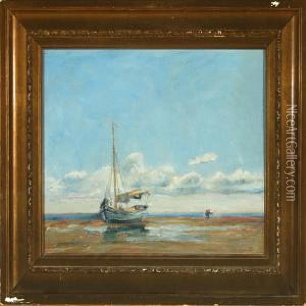 Ships On The Beach At Sonderho Oil Painting - Johan Rohde
