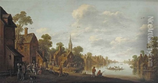 A Town On A River With Peasants Conversing, Fishing And Making Merry At A Tavern, A Ferry Crossing The Water Oil Painting - Joost Cornelisz. Droochsloot