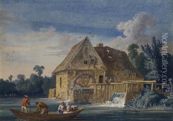The Water Mill At Ivry With Fishermen On A Boat In The Foreground Oil Painting - Jacob Philipp Hackert