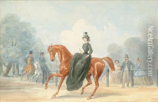 Views In Hydepark: Two Ladies In Their Carriage A Young Lady On Horseback Oil Painting - Alfred F. De Prades