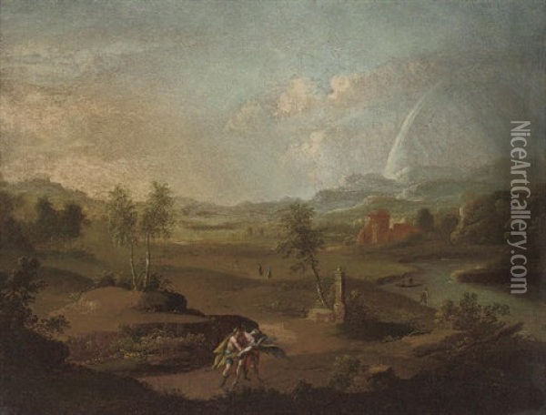 An Extensive River Landscape With Jacob Wrestling With The Angel Oil Painting - Jacob More
