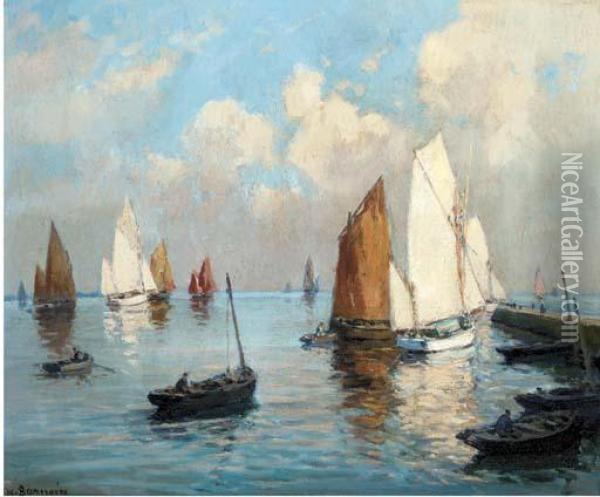 Yachts In A Calm At The Harbour Mouth Oil Painting - Henri Alphonse Barnoin