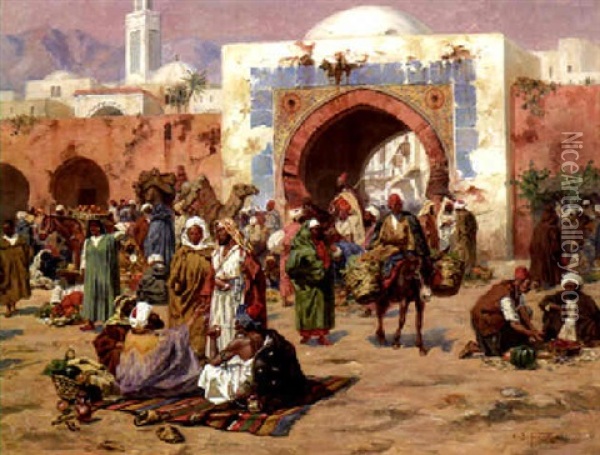 The Market By The City Gate Oil Painting - Albert Joseph Franke