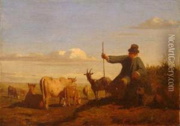 Paysan Gardant Des Vaches Et Une Chevre Oil Painting - Emile Loubon
