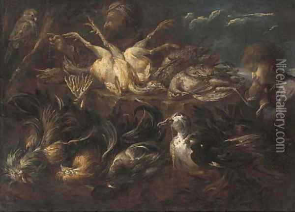 A falconer and his falcon, a duck with wheat in its beak, a sleeping boy and dead game in a landscape Oil Painting - Felice Boselli