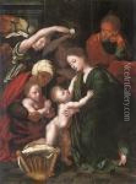 The Holy Family With Saint Elizabeth, The Infant Saint John Thebaptist And Two Angels Oil Painting - Raphael (Raffaello Sanzio of Urbino)
