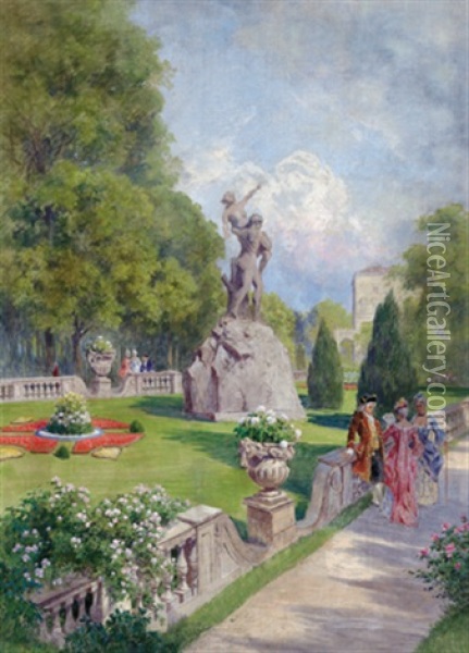 Begegnung Im Garten Der Villa Garzoni Oil Painting - Ludwig Hans Fischer