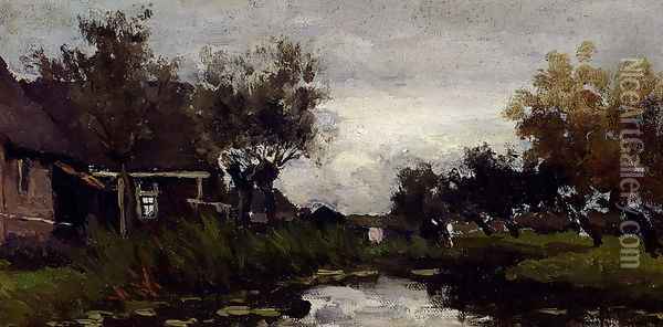 Farmhouses On The Waterfront Oil Painting - Jan Hendrik Weissenbruch