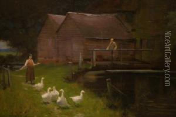 Geese And Figures Oil Painting - R. Ellis Wilkinson