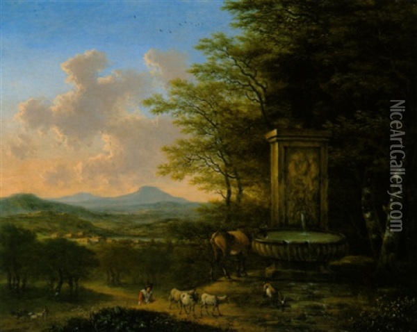 Italienische Landschaft Mit Hirt Und Herde An Einem Steinernem Brunnen Oil Painting - Willem de Heusch