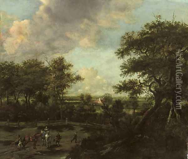 An extensive landscape with horsemen and travellers near the edge of a wood Oil Painting - Haarlem School
